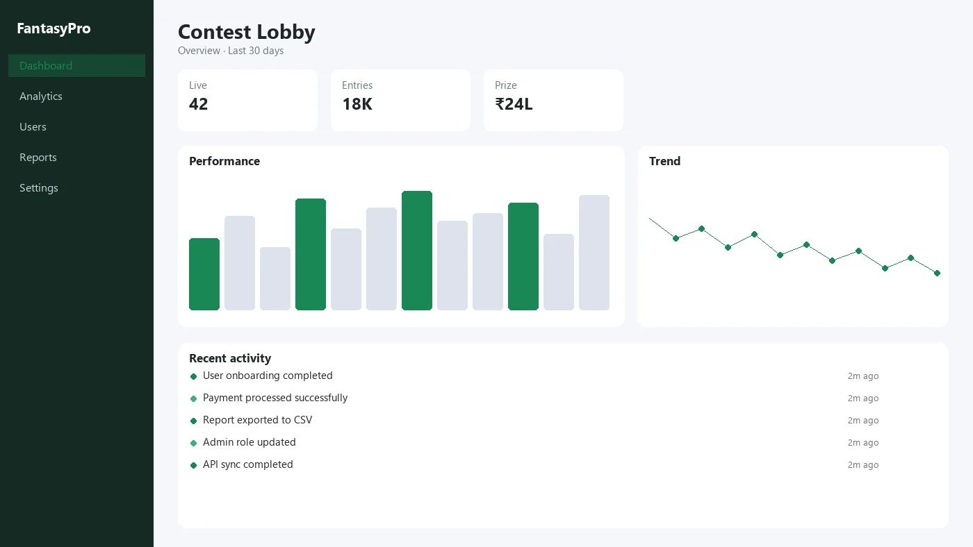 Fantasy sports contest lobby with live contests, entries, and prize pool totals