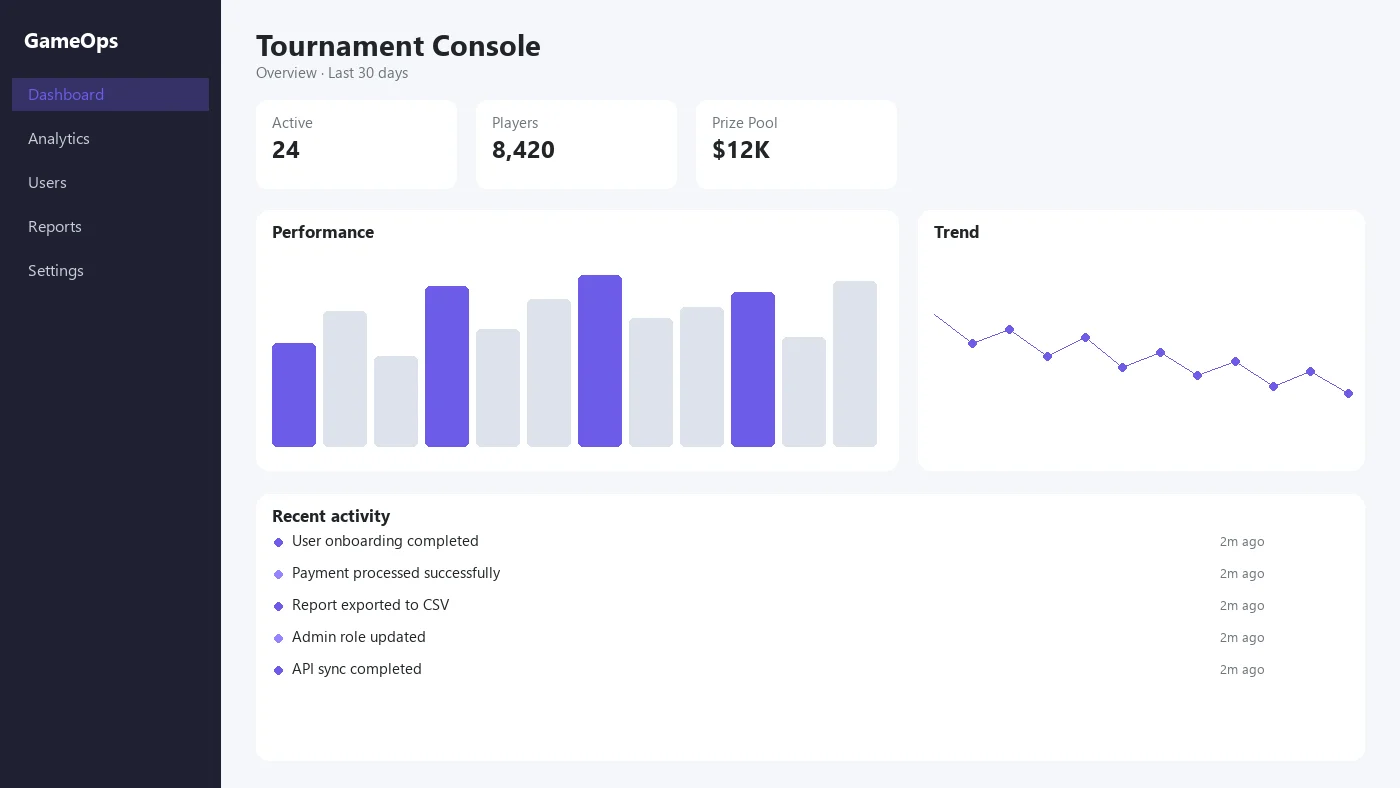 Esports tournament console with active brackets, player counts, and prize pools