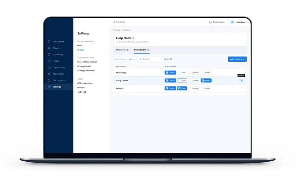 Healthcare admin settings panel with role-based permissions and user group management