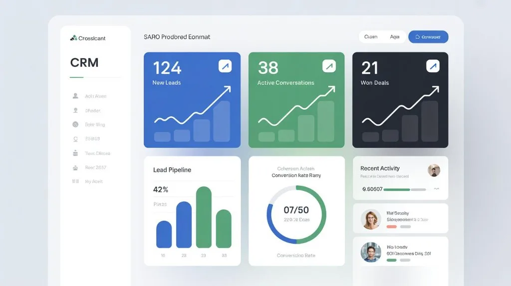 Healthcare CRM pipeline dashboard with leads, conversations, won deals, and activity feed