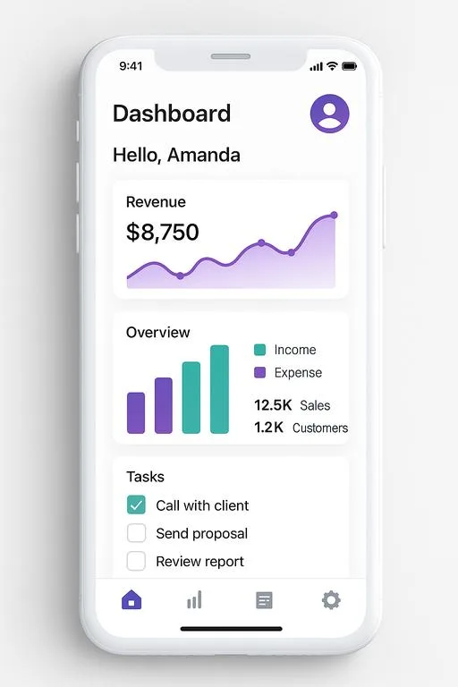 Healthcare patient mobile app with revenue chart, tasks, and appointment checklist