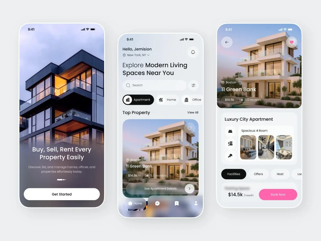 Real estate mobile app onboarding, home explore, and property detail booking screens