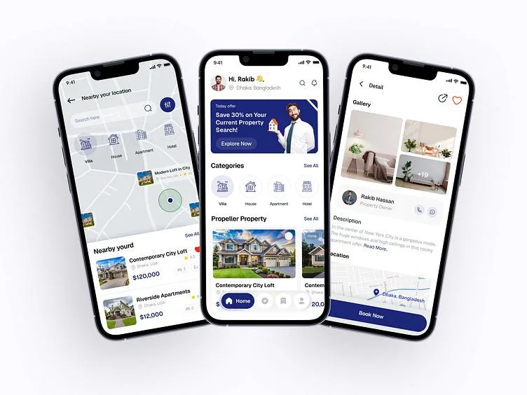 Real estate mobile app with map search, property categories, and listing cards