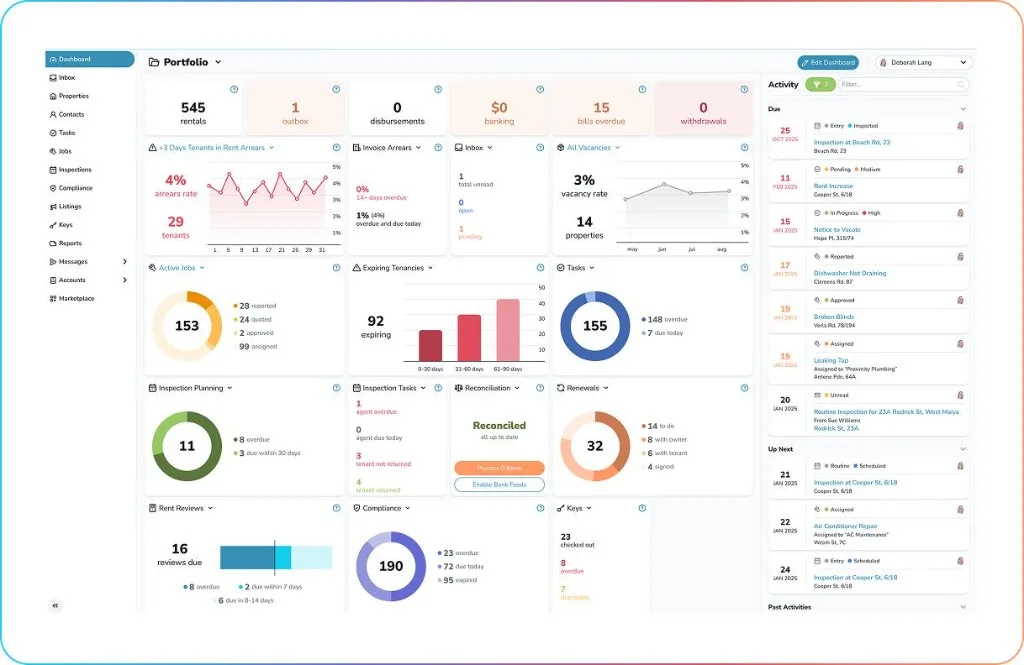 Real estate portfolio CRM with rentals, arrears, jobs, compliance, and activity timeline