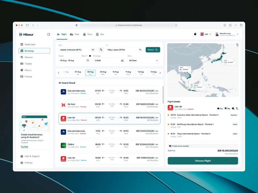 OTA flight booking portal with search results, route map, and itinerary details