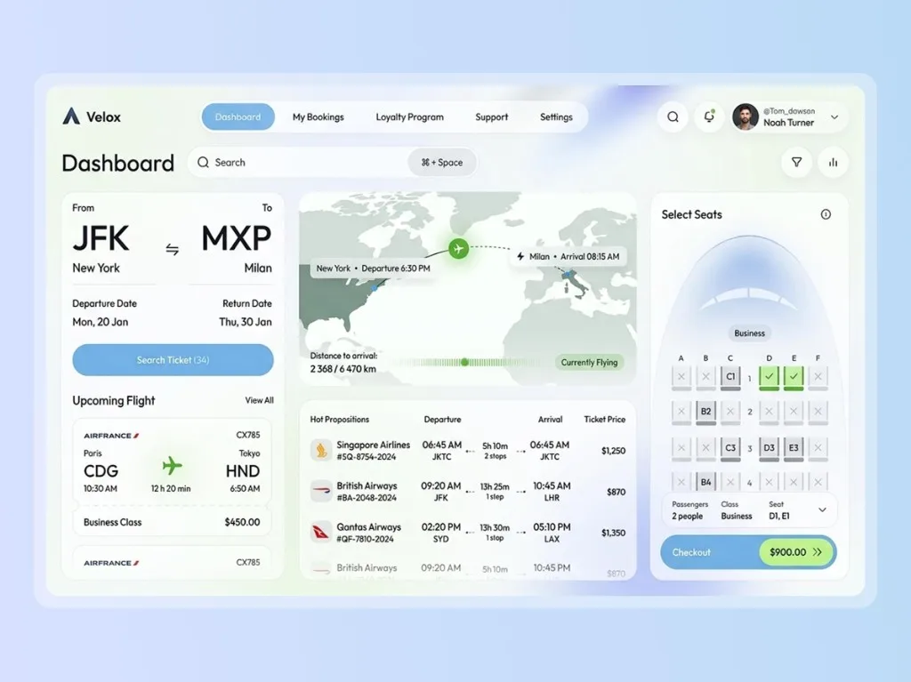 Travel booking dashboard with flight search, live route map, and business-class seat selection